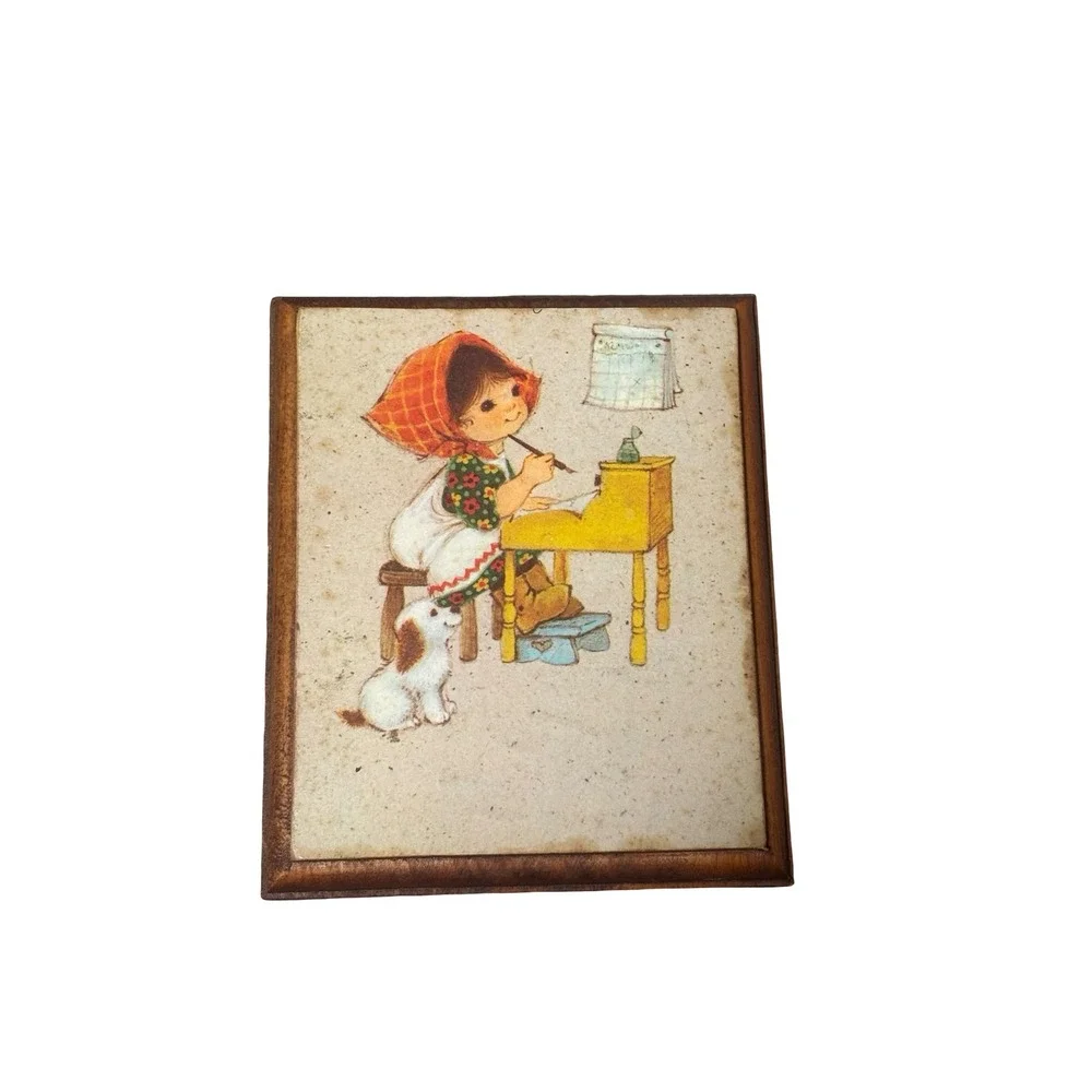 Vintage 1970s Wood Plaque Girl at Writing Desk with Dog Wall Decor